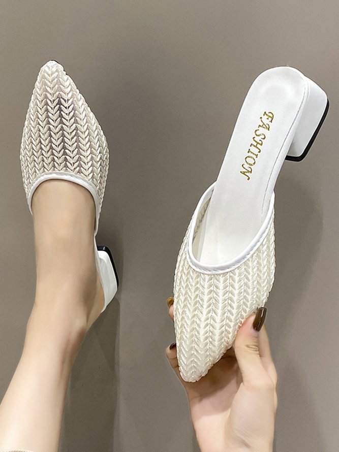 Leaf Embroidered Mesh Breathable Chunky Heel Mules
