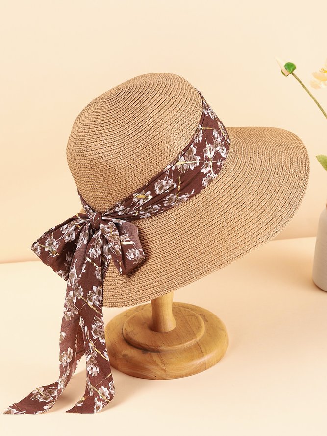 Vacation Floral Ribbon Decorated Straw Hat Bohemia Beach Women's Sunscreen Accessories