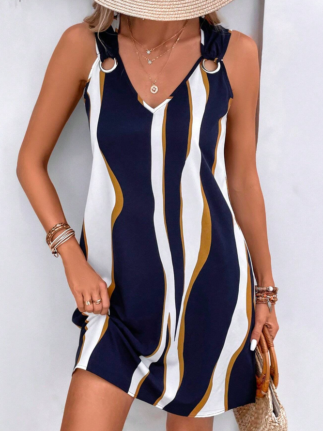Casual Abstract Colorblock Ring Detail Tank Dress