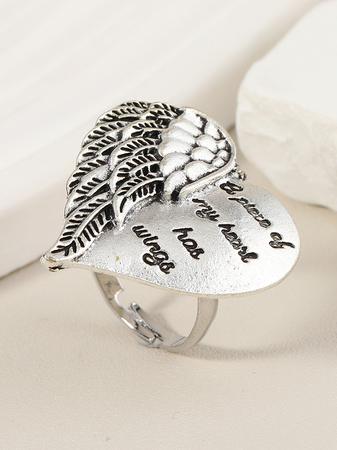 "A Place Of My Heart Has Wings" Feather Heart Metal Chop Ring Women's Jewelry