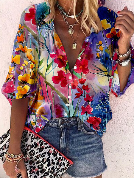 Plus Size Loose Shirt Collar Floral Casual Blouse