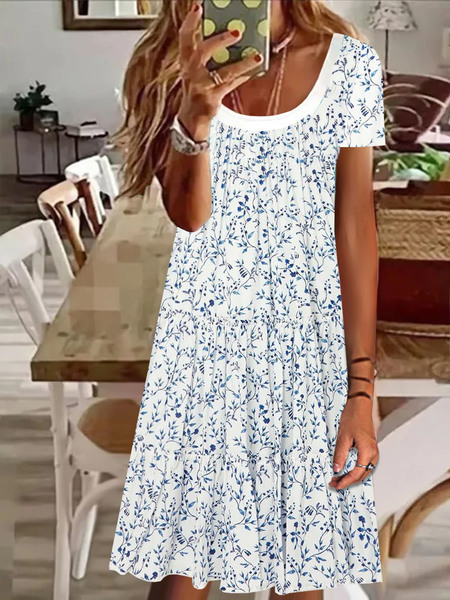 Plus Size Floral Printed Crew Neck Jersey Casual Dress