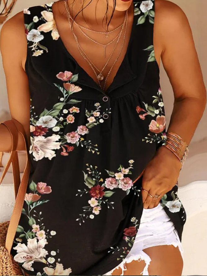 Plus Size V Neck Floral Casual Tank Top