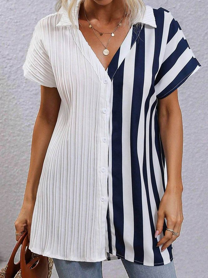 Casual Striped Shirt Collar Batwing Sleeve Blouse