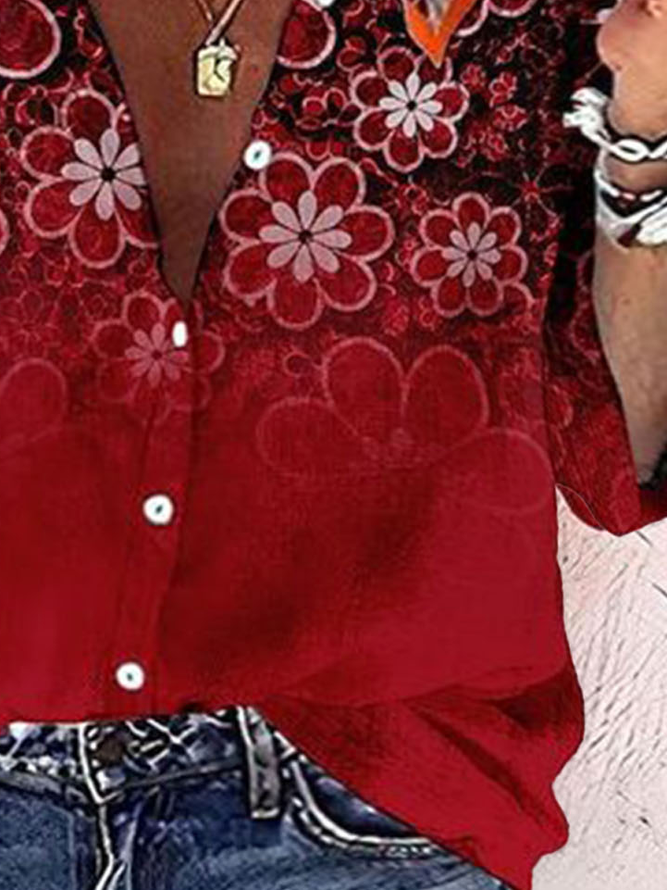 Plus Size Floral Loose Casual Shirt Collar Blouse