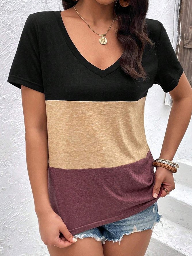 Casual Color Block V-neck T-Shirt