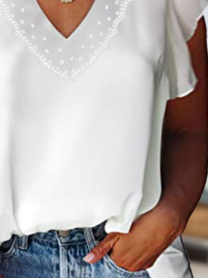Plus Size Loose Plain Lace Edge Elegant Shirt