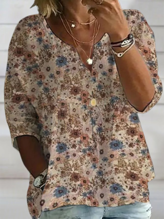 Plus Size Casual Floral Half Open Collar Shirt