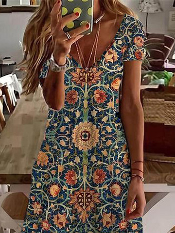 Nationality/Ethnic V Neck Loose Casual Dress