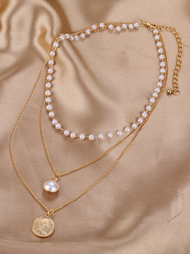Casual Pearl Beaded Coin Layer Necklace Holiday Party Women's Jewelry