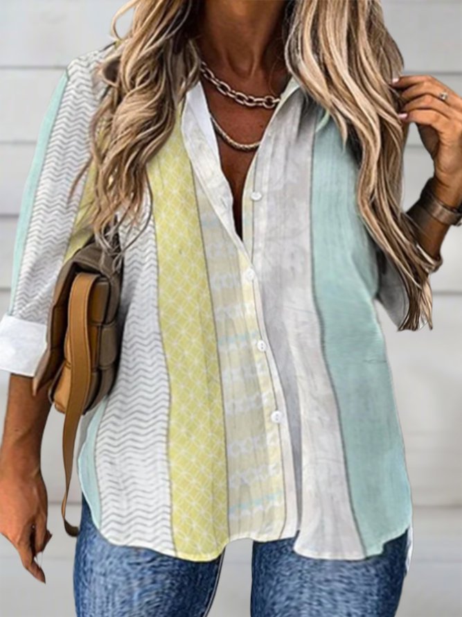 Plus Size Shirt Collar Striped Casual Blouse