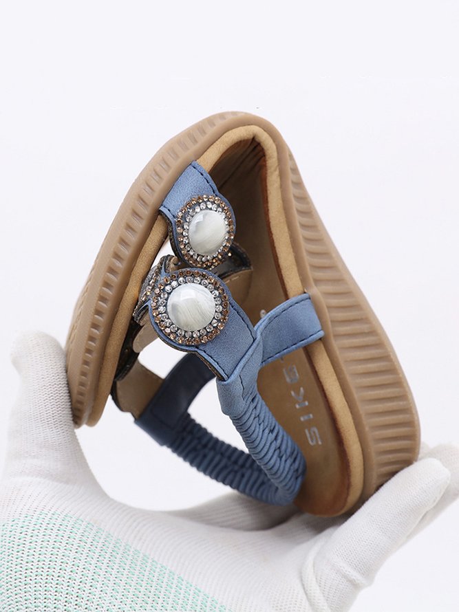 Boho Rhinestone T-bar Elastic Strap Sandals