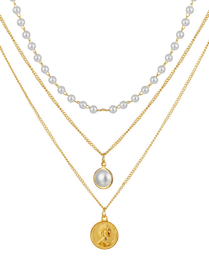 Casual Pearl Beaded Coin Layer Necklace Holiday Party Women's Jewelry