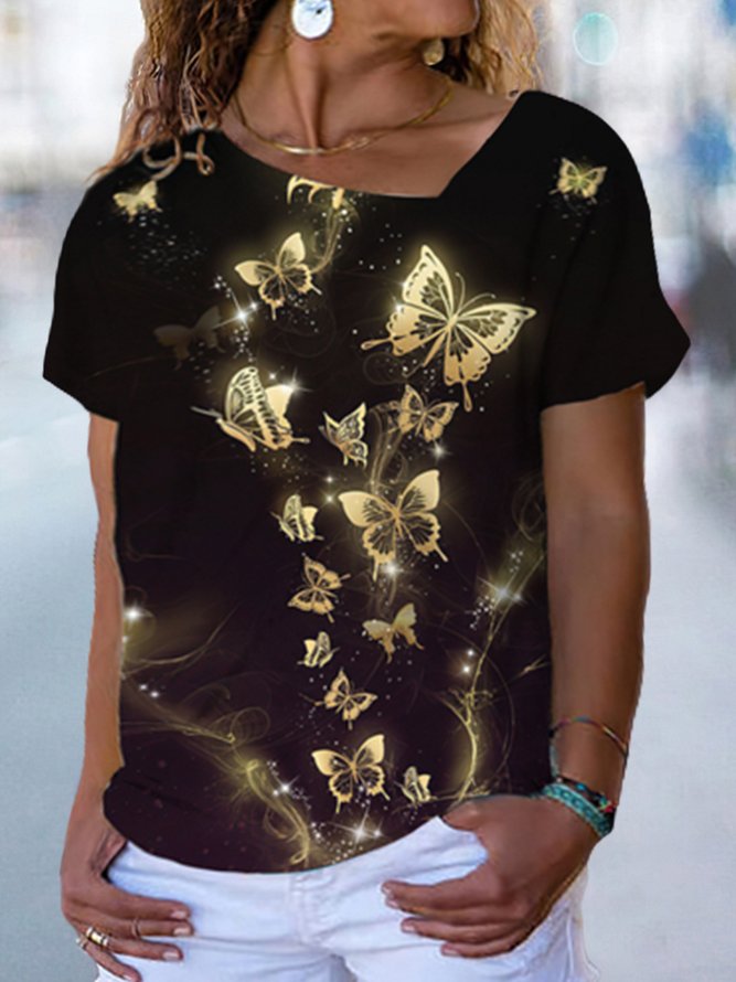 Plus Size Casual Asymmetrical Butterfly T-Shirt