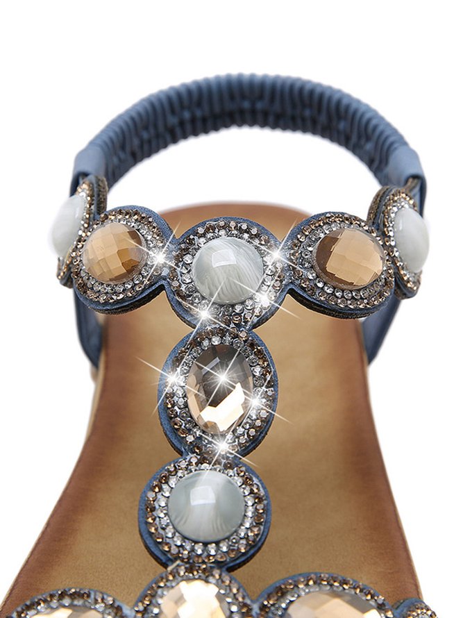 Boho Rhinestone T-bar Elastic Strap Sandals