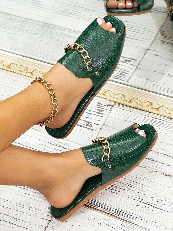 Chain Decor Imitation Crocodile Peep Toe Slide Sandals