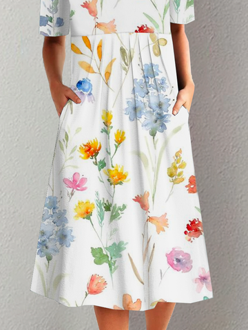 Crew Neck Floral Casual Dress With No