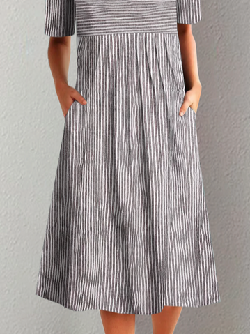 Casual Loose Striped Crew Neck Short Sleeve Midi Dress