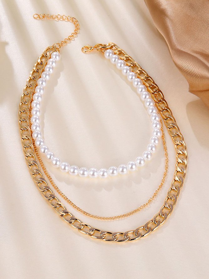 Elegant Fashion Pearl Chunky Chain Layered Necklace Vacation Party Jewelry