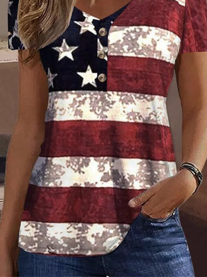 Striped Vintage America Flag V Neck Buckle Design Casual Loose Independence Day Shirt