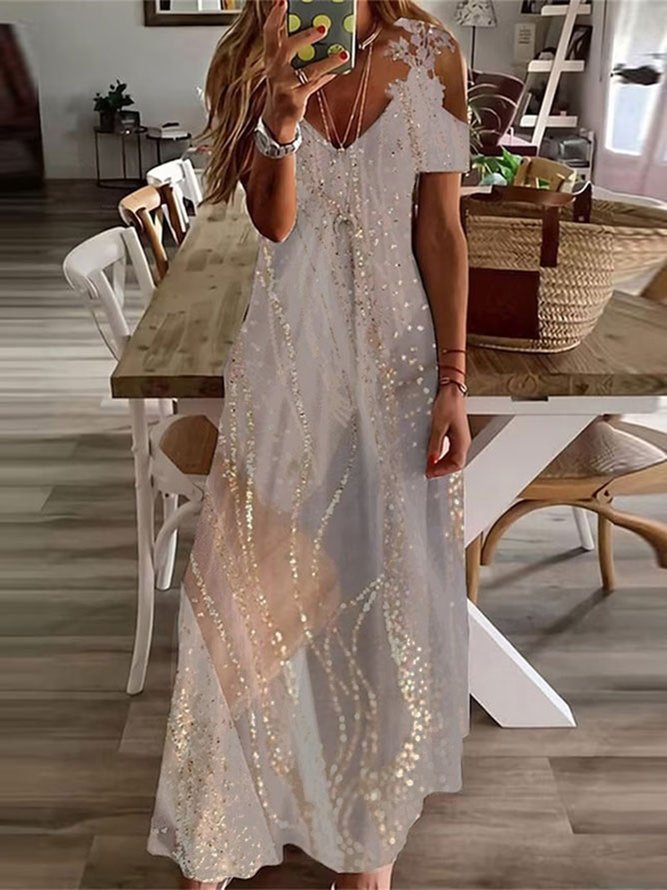 Abstract Casual Lace V Neck Maxi Dress