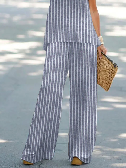 Crew Neck Loose Casual Striped Two-Piece Set