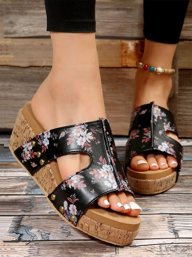 Vintage Floral Printing Wedge Heel  Slide Sandals