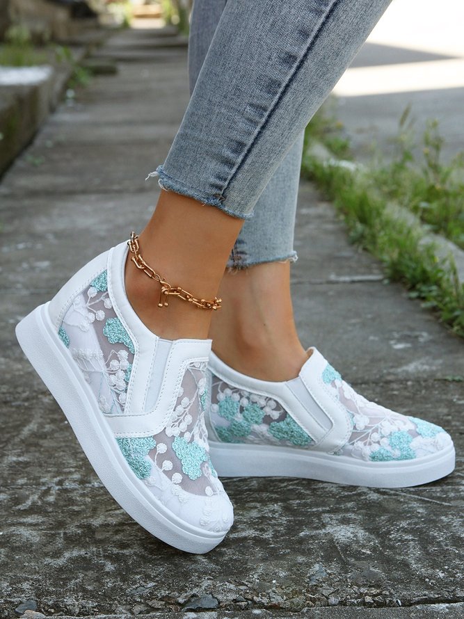 Mesh Embroidery Casual Paneled Slip-On Wedge Shoes
