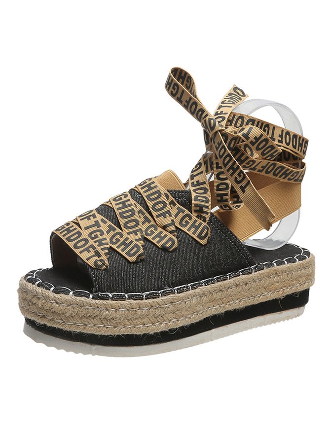 Text Strap Color Block Denim Platform Espadrille Sandals