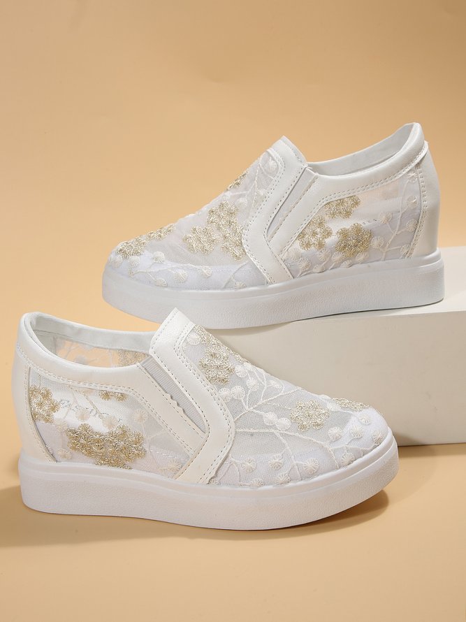 Mesh Embroidery Casual Paneled Slip-On Wedge Shoes
