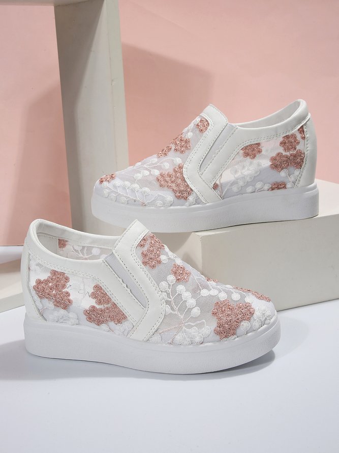 Mesh Embroidery Casual Paneled Slip-On Wedge Shoes