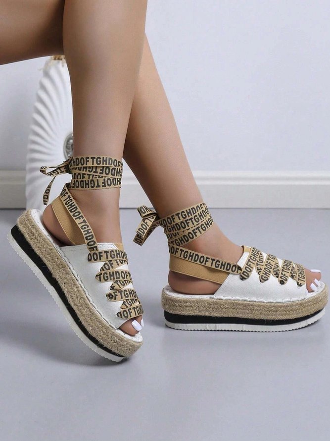 Text Strap Color Block Denim Platform Espadrille Sandals