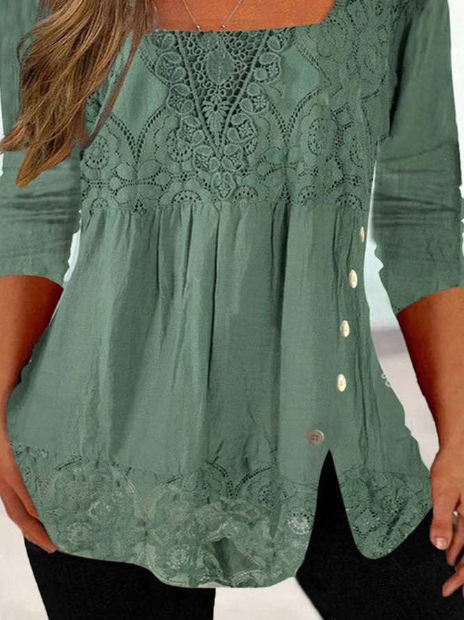 Plus Size Casual Lace Square Neck Long Sleeve Loose Shirt