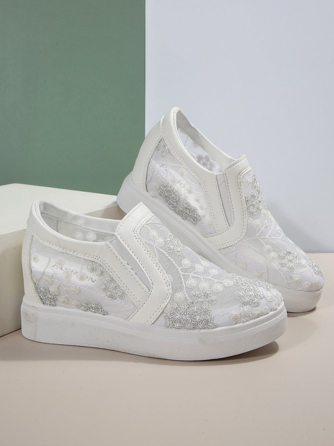 Mesh Embroidery Casual Paneled Slip-On Wedge Shoes