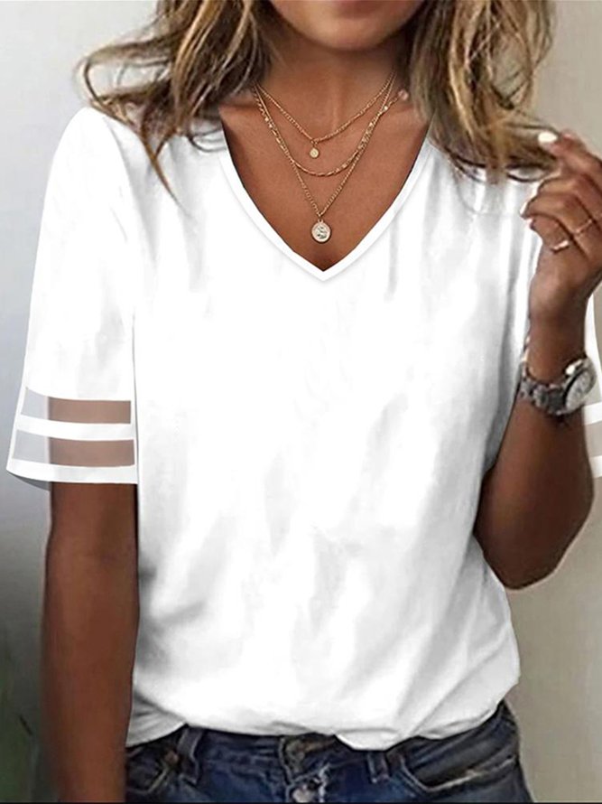 Loose V Neck Casual Mesh Striped Patchwork Design Half Sleeve T-Shirt