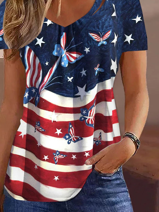 Loose Casual Independence Day Shirt With America Flag