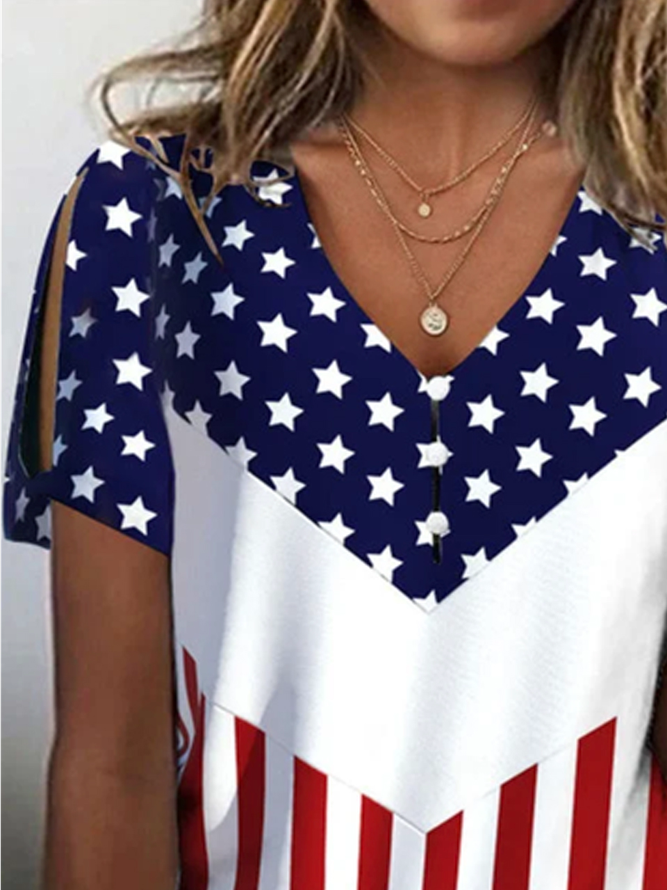 Striped Loose Casual V Neck Independence Day Shirt With America Flag