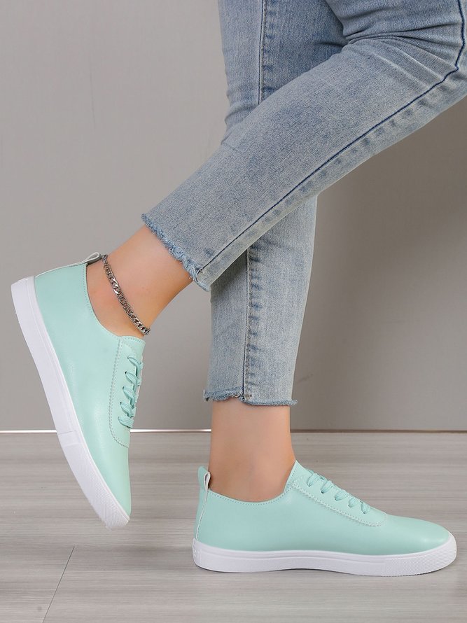 Solid Leather Lace-up Flats Sneakers