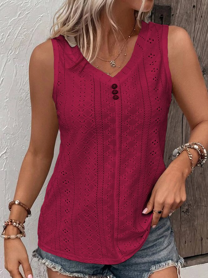 Loose V Neck Casual Buttoned Eyelet Embroidery  Front Tank Top