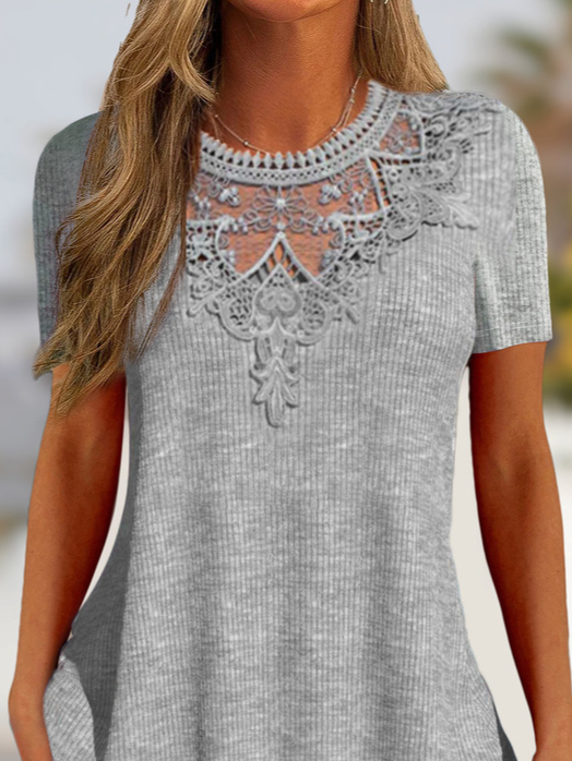 Lace Crew Neck A-Line Regular Fit Casual Plain Short Sleeve Shirt