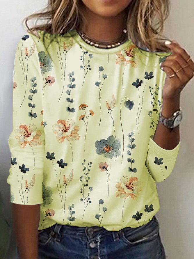 Country Floral Printed Casual Loose Crew Neck Knit Long Sleeve T-Shirt