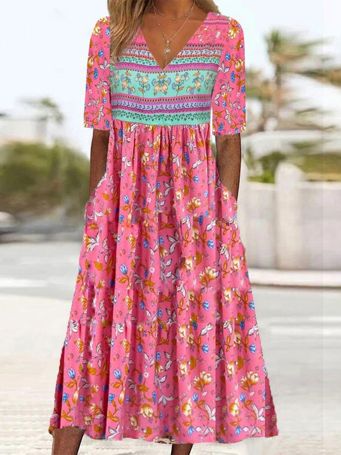 Floral Printed Vacation Crew Neck Loose Dress
