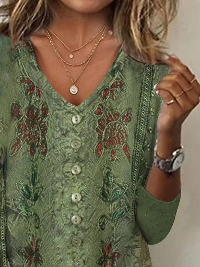 Casual Floral Loose V Neck Long Sleeve T-Shirt