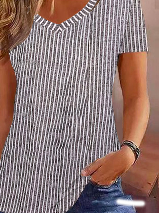 Loose V Neck Casual Striped Shirt