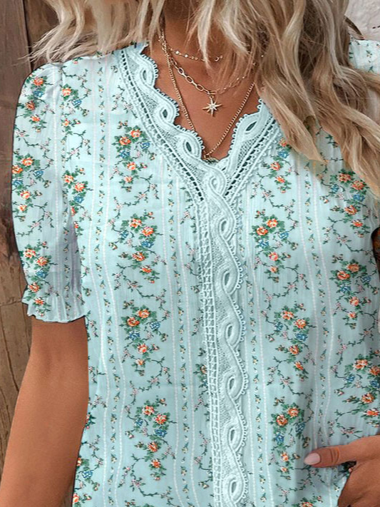 Plus Size V Neck Floral Printed Casual Loose Shirt