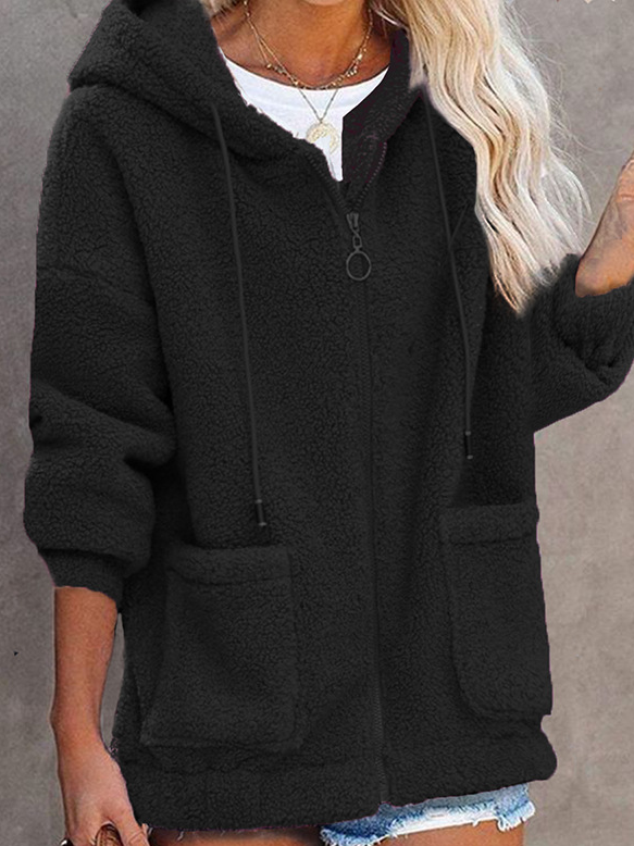 Loose Zipper Hoodie Casual Plain H-Line Mid-long Teddy Jacket With Pockets