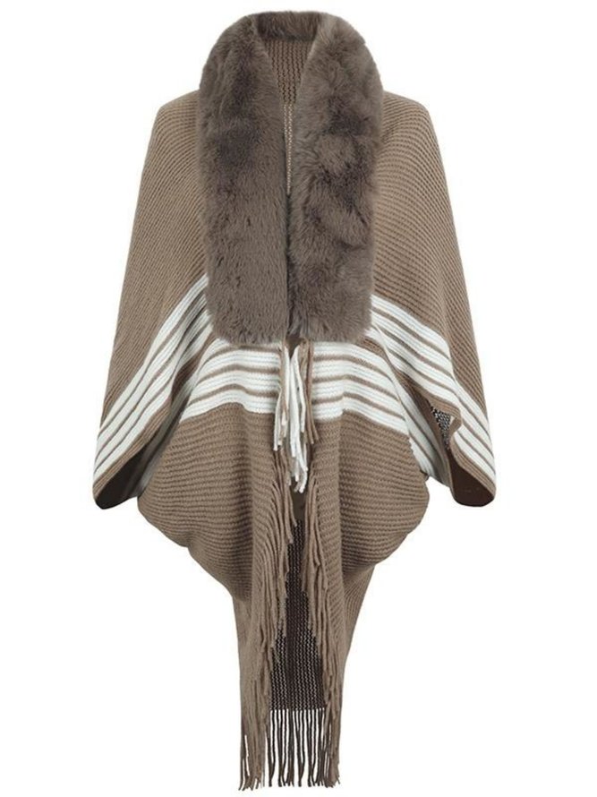Fur Collar Striped Tassel Knitting Cape Cardigan