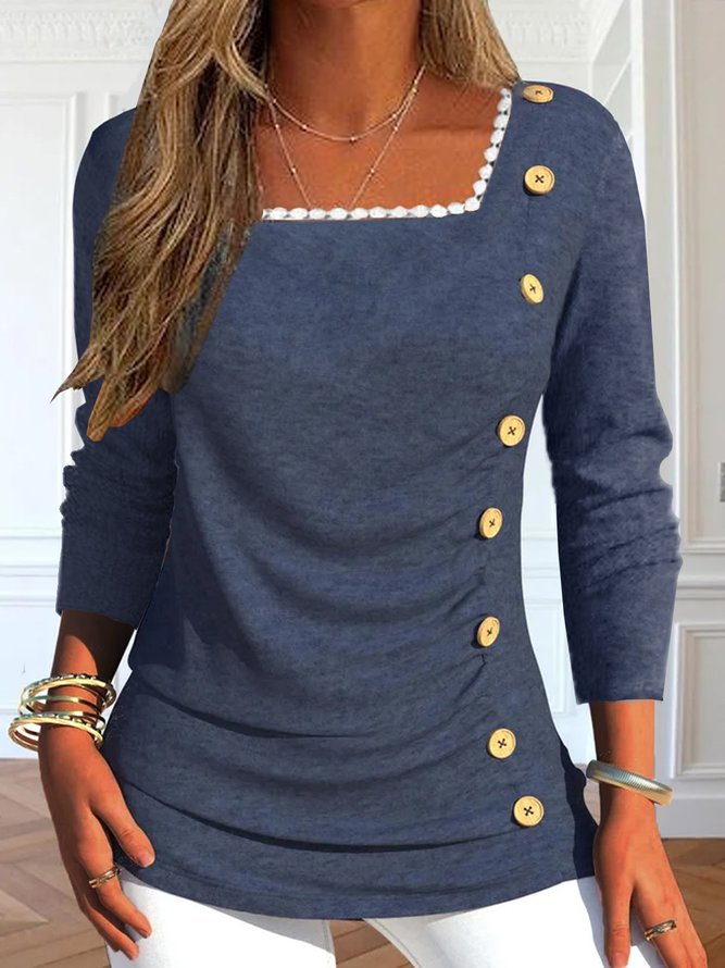 Casual Loose Square Neck Long Sleeve Shirt With Buttoned Design