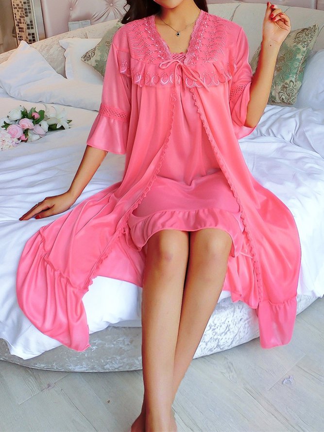 Woman Sexy Lace Ice Silk Two-piece Nightdress Nightgown Pajamas Set
