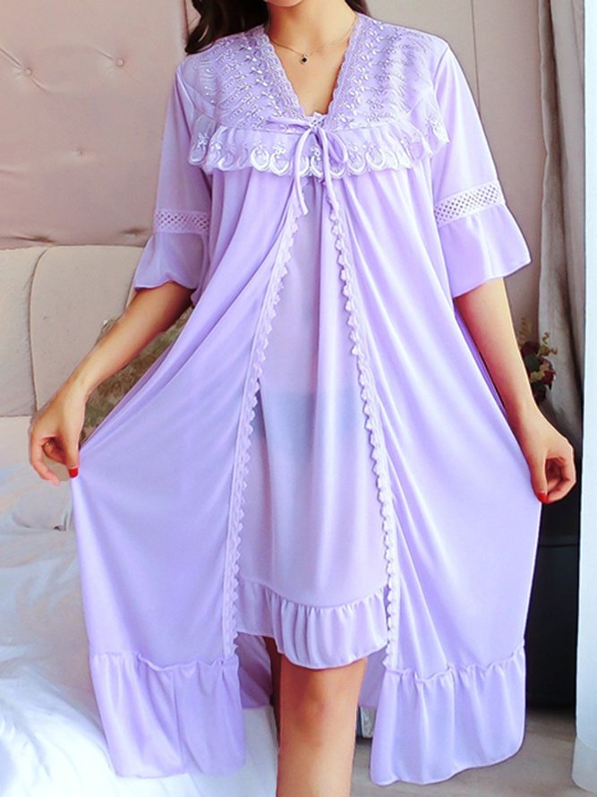 Woman Sexy Lace Ice Silk Two-piece Nightdress Nightgown Pajamas Set